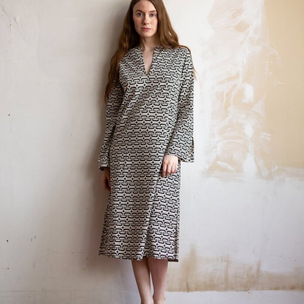 Erica Tanov Dress 1965 Nava Cotton Midi Tunic Dress Geometric White Size 0 XS